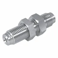 This compression fitting union connects two tubes of equal outer diameter in high-purity fluid systems. Made of stainless steel for corrosion resistance, it is suited for applications requiring leak-tight joints, such as in semiconductor, pharmaceutical, and chemical processing industries. Fitting size is 1/4 in OD x 1/4 in OD