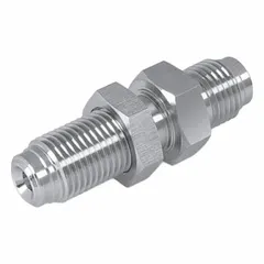 This compression fitting union connects two tubes of equal outer diameter in high-purity fluid systems. Made of stainless steel for corrosion resistance, it is suited for applications requiring leak-tight joints, such as in semiconductor, pharmaceutical, and chemical processing industries. Fitting size is 1/4 in OD x 1/4 in OD.