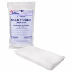 Sterile, latex-free multi-trauma dressing measuring 30 inches in length and 12 inches in width. Supplied in a unitized packet of 50. Designed for emergency wound care and trauma management to control bleeding and protect large wounds in medical, industrial, and field settings. Meets FDA standards.