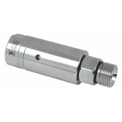 This nickel-plated C38500 brass rotary joint transfers air from a stationary supply to a rotating shaft. It features a single passage, a 3/8 in rotating shaft, and a carbide seal. Maximum speed is 2000 RPM. Suitable for pneumatic control in industrial machinery.