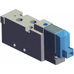 Five-way, two-position solenoid air control valve from the SYJ5000 series. Single solenoid, plug-in connection, operates on 24V DC. Used in pneumatic systems to direct compressed air for actuating cylinders and other air-operated devices in industrial automation.