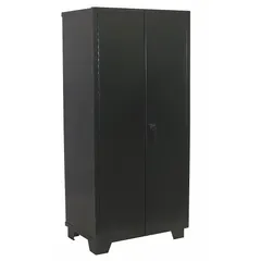 Welded steel cabinet with stationary legs and four adjustable shelves. Features a swing handle with padlock hasp for secure storage. Panel thickness is 14 ga. Powder-coated black finish. Suitable for organizing tools, parts, and equipment in warehouses, factories, and maintenance shops.