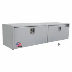 This double drop-down door box from BUYERS PRODUCTS provides secure storage for tools and equipment. It features a white finish, keyed lock, and 18-inch overall depth. Suitable for underbody mounting on fleet and service vehicles.