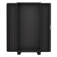 Steel bin cabinet with black powder-coated finish. Includes one shelf and a flush/solid panel (14 ga). Designed for organizing small parts, tools, and components in industrial storage environments.