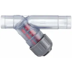 PVC Y strainer with 2-inch spigot connection for inline filtration. Features a PVC mesh screen with 0.0331-inch openings and an EPDM seal. Overall length of 8 7/8 inches. Suitable for removing solid particles from fluid pipelines in water and process applications.