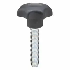 This 7-arm knob features a plastic body with a steel threaded stud for manual adjustment and clamping on machinery, jigs, and fixtures. The multi-point design provides multiple gripping positions for controlled torque application. Specifications: 50 mm diameter, 1/2"-13 thread, 60 mm thread length.