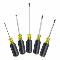 This 5-piece screwdriver set includes Cabinet and Phillips tip types for driving screws in electrical, maintenance, and assembly tasks. Each tool has an overall length of 12-1/2 inches, suitable for precision work on panels, terminals, and small fasteners.