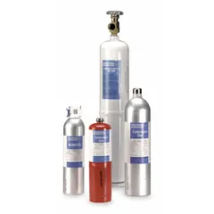 Calibration gas cylinder containing 20.9% oxygen balanced with nitrogen, with +/-2% accuracy. Used for verifying and calibrating oxygen sensors in portable gas detectors. Background gas is nitrogen.