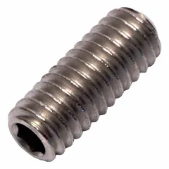 Metric cup point set screw with M4x0.7 thread, 10 mm overall length, made of titanium with plain finish and socket drive. Used to secure components such as collars or pulleys to shafts in industrial machinery.