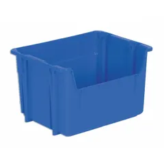 Blue colored plastic bin with a 40 lb load capacity. Suitable for storage and transport of parts and materials in warehouses, manufacturing, and distribution centers. Stacking and nesting design saves space when full or empty.