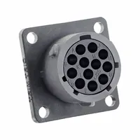 Square flange receptacle from the Trim Trio UTSX series with 12 female contacts. Rated 16 A and 500V, with IP68 sealing and 1/3 bayonet coupling. Accepts wire sizes 30 AWG to 14 AWG. Contacts not included. Suitable for harsh environment applications requiring dust and water ingress protection