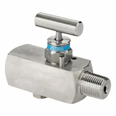 This 1-valve manifold from HAM-LET features a stainless steel body with 1/2" MNPT inlet and 1/2" FNPT outlet, rated for 6000 psi. It includes a 1/4" FNPT drain and PTFE seals. Suitable for high-pressure systems requiring flow control and backflow prevention in industrial applications.
