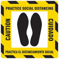 This 12 in x 12 in adhesive floor sign is made of 0.03 in thick plastic with a white background. It displays bilingual Spanish caution text for social distancing. Suitable for mounting on floors in industrial or commercial areas to remind personnel to maintain safe spacing