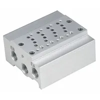 This SMC SY3000 Series bar manifold features 4 side ports with Female M5x0.8 NPT threads for distributing pneumatic supply to multiple valves or actuators. Rated for operating temperatures from 14°F to 122°F, it is suitable for use in industrial automation systems where compact air routing is required. DIN rail clamps are not included