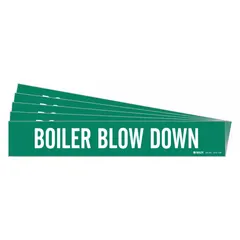 Green adhesive pipe marker with white legend reading 'Boiler Blow Down'. Designed for pipes with an outside diameter of 8 inches and larger. Each pack contains 5 markers without directional arrows. Used to identify boiler blow down lines in industrial piping systems.