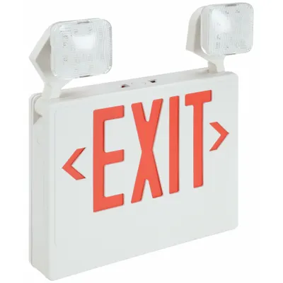 OEM Exit Sign with Emergency Lights: White, 1 or 2 Faces, Red, LED, Ceiling/Wall - Plastic Exit Signs with Square Side-Mount Light Heads