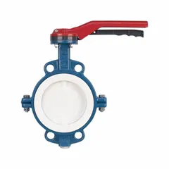 This 8-inch ductile iron butterfly valve features a concentric wafer design with a stainless steel disc and lever handle. Seals are PTFE and FKM, rated for a maximum pressure of 250 psi CWP. Suitable for on/off or throttling service in industrial piping systems handling water, air, and compatible fluids.