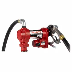 This 12V DC bung-mount fuel transfer pump is designed for moving fuels from drums or tanks. It features a 1/4 hp motor with a maximum flow rate of 20 gpm and includes a hose and nozzle. The pump does not include a meter.