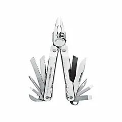 Full-size multi-tool with fold-out needle nose pliers, featuring 19 tools and 19 functions including a saw and small screwdriver. Closed length is 4 1/2 inches with a silver finish. Suitable for cutting, gripping, sawing, and screwdriving in maintenance, construction, and field service applications.