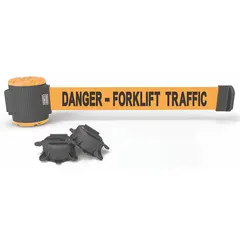 This magnetic-mount retractable belt barrier features a 30 ft orange belt with Danger messaging. The black housing and base allow quick attachment to ferrous surfaces without tools. Used for temporary hazard marking, safety perimeters, and pedestrian guidance in industrial environments.