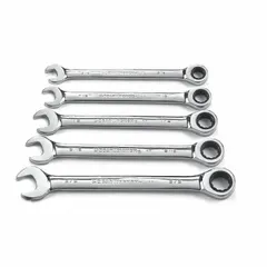 This 5-piece set of SAE 12-point ratcheting combination wrenches features a full polish chrome finish on alloy steel. The ratcheting box end enables faster fastener tightening and loosening without repositioning. Suitable for general mechanical assembly and maintenance tasks.