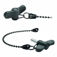 This tethered wing knob features a plastic body and an M10 threaded stud with a 40 mm thread length. The black tether is made of POM-based technopolymer with a nominal length of 200 mm. It is used for manual clamping and adjustment on machinery, panels, and equipment where the tether prevents loss or misplacement