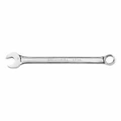 This metric 12-point combination wrench has a 30 mm head size and 17 in overall length. It is made from alloy steel with a full polish chrome finish for corrosion resistance. The 12-point box end provides secure engagement on hex fasteners, while the open end allows for quick positioning. Suitable for tightening or loosening metric fasteners in industrial maintenance, automotive repair, and heavy equipment assembly.