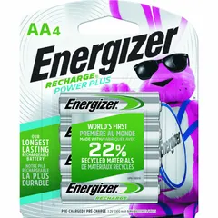 AA-size nickel-metal hydride (NiMH) rechargeable battery providing 1.2V DC. Suitable for repeated use in devices such as remote controls, flashlights, and toys. Pack of 4.