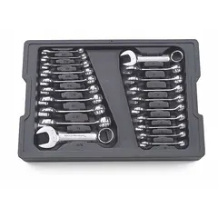 This 20-piece wrench set includes double end box end wrenches with 12-point openings. The wrenches are made of alloy steel with a chrome finish and are organized in a tray. Suitable for tightening and loosening fasteners in mechanical assembly and maintenance tasks.