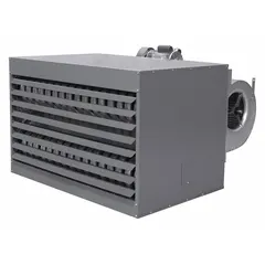 This standard-profile suspended gas unit heater delivers 350,000 BtuH heating capacity input with a blower fan. It operates on natural gas and features a field-convertible combustion type. The unit includes a 3/4 in NPT male gas connection, a 6 in flue diameter, and overall dimensions of 34 in x 55-1/4 in x 56-1/8 in. Suitable for wall or ceiling mounting in commercial or industrial spaces.