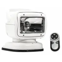 White halogen spot light with handheld remote control. Includes mounting bracket and connects via lighter plug for permanent installation. Provides focused illumination for vehicle exterior lighting applications
