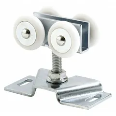 This hanging door roller from PRIME-LINE measures 2 7/16 inches in length and 3 3/4 inches in width, supplied as a single piece. It is designed for use in sliding or bypass door applications, supporting smooth movement along a track.