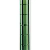 This 74-inch by 1-inch steel wire shelving post features an epoxy-coated green finish with antimicrobial properties. Designed for dry environments, it is used in commercial storage systems such as warehouses and clean rooms. Sold as a set of 4 posts; leveling feet not included