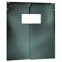 This general purpose swinging door set includes two PVC doors, each 5 ft wide by 8 ft high, in green with a vinyl window. It comes with door seals, bumpers, and mounting hardware. Suitable for separating work zones in industrial facilities where foot or cart traffic passes through