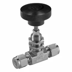This needle valve features a 316 stainless steel straight body with integral bonnet design for liquid media. It has a regulating stem for precise flow control and Let-Lok connections on both sides. The plastic knob handle provides easy operation. Complies with ISO 2006(E) standards.