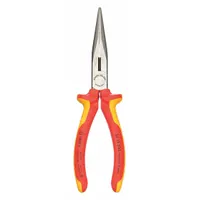 These insulated chain-nose pliers have an overall length of 8 in, jaw length of 2 7/8 in, tip width of 1/8 in, and a max jaw opening of 1 in. They include a built-in cutter and are suitable for gripping, bending, and cutting wire in confined spaces where electrical insulation is required