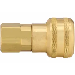 This brass quick-connect coupling body is designed for compressed air systems, enabling fast, one-hand connections for pneumatic tools and hoses. It features a 3/8" female hose fitting with 3/8"-18 threads and a push-to-connect locking type for secure attachment. Suitable for general industrial interchange applications.
