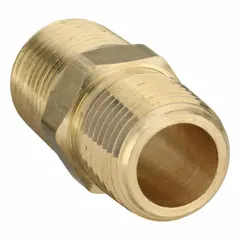 This straight pipe fitting connects two male NPT threaded pipes in a straight line. It is rated for a maximum operating pressure of 1,000 psi and is suitable for use in hydraulic, pneumatic, and fluid-handling systems.