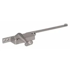 This left-hand crank window operator is designed for casement windows, featuring a painted aluminum finish and a 4-3/4 in base length. It includes a crank handle and mounts on the window frame. Suitable for opening and closing casement sashes in residential or commercial applications.