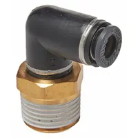 Brass male elbow push-in fitting for air brake composite hose systems. NPT threads connect to male ports; 2-pack. Used in pneumatic braking circuits on heavy-duty vehicles