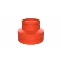 This grooved pipe fitting is a concentric reducer used to connect pipes of different diameters, reducing from 5 inches to 4 inches. Made of ductile iron, it is rated for a maximum operating pressure of 300 psi at 150° F. Suitable for use in grooved mechanical piping systems in applications such as fire protection, HVAC, and industrial process lines
