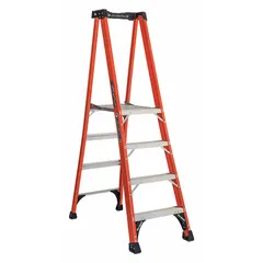 This 4 ft fiberglass podium stepladder has a 375 lb load capacity and weighs 26 lb. It includes a plastic top with storage. Suitable for tasks requiring a stable elevated platform in industrial, construction, and warehouse settings.