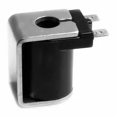 This solenoid valve coil operates at 220V and features 1/4" tab electrical connections. It is used to electrically actuate solenoid valves in fluid and gas control systems, providing on/off switching for pneumatic, hydraulic, and process control applications.