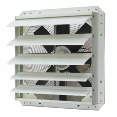 This corrosion-resistant shutter-mount exhaust fan features a fiberglass frame and a totally enclosed air-over motor. It operates at a single speed, delivering 2,616 cfm on 115V AC, 1 phase. Suitable for exhausting corrosive fumes, dust, or moisture in industrial ventilation applications.