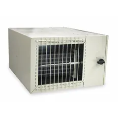 Electric plenum heater for ducted forced-air systems. Operates at 480V AC, 3-phase, with 5kW output and airflow of 350/400 CFM. Dimensions: 12-1/2 in H x 24 in W x 19-1/2 in D. Suitable for commercial or industrial HVAC applications requiring supplemental or primary electric heating.
