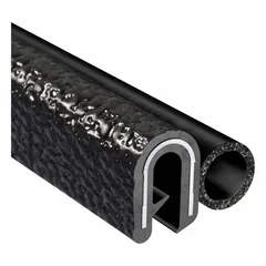This edge trim seal features a PVC outer material and an EPDM bulb, providing cushioning and sealing for edges. It has a rounded profile shape, a leg length of 7/16 in, and an overall length of 100 ft. The black trim meets FAA/FAR 23.853 standards, making it suitable for use in aircraft interiors, panels, and enclosures.