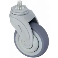 This swivel caster features a 5-inch diameter wheel with a 1 1/4-inch width and a 6 7/8-inch mounting height. It is designed with a ball bearing for smooth movement and a threaded stem for secure attachment. Suitable for use on medical equipment such as beds, stretchers, and carts