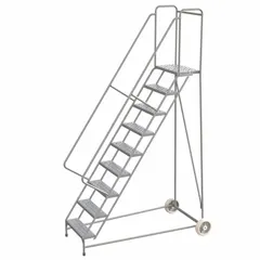 Assembled aluminum tilt-&-roll ladder with a 7.5 ft platform height and 350 lb maximum load capacity. Features double handrails and a gray finish. Designed for stable elevated access in industrial facilities, warehouses, and maintenance areas, with one-person repositioning capability.