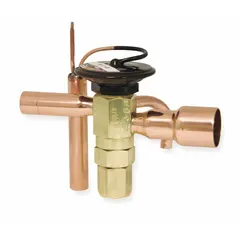 Straight-thru thermostatic expansion valve for R-22 refrigerant, rated at 3 tons. Includes sensing bulb mounting clamp and permanent strainer. Superheat is field adjustable. Used in commercial refrigeration and air conditioning systems to regulate refrigerant flow into the evaporator.