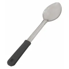 This 13-inch serving spoon is made of silver-colored plastic, offering a lightweight option for basting and serving tasks. Suitable for stirring, scooping, or transferring sauces and foods in commercial or home kitchens. Not NSF certified.